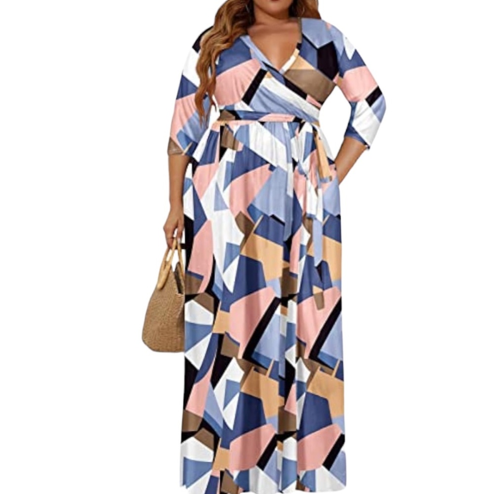 Dress For Women 3/4 Sleeve V-Neck Maxi With Belt & Pockets Size Medium